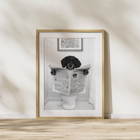 Dog reading the News, bathroom, toilet Print