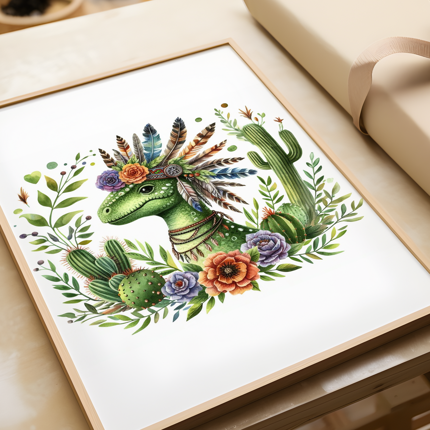 Bohemian Dinosaur Watercolour Print